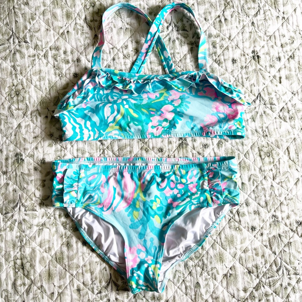 Lilly Pulitzer Girls Size 12 Blue Pink Tropical Floral Ruffle Bikini 2 Piece Set
